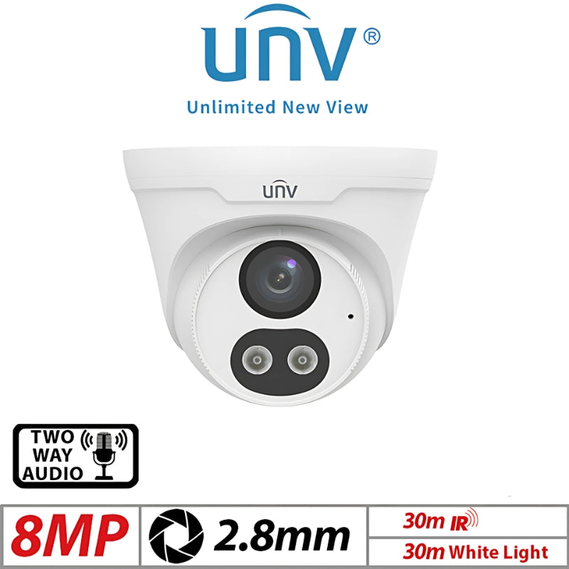 Uniview 8MP Turret IP Camera – Dual-Light, 2-Way Audio, 2.8mm