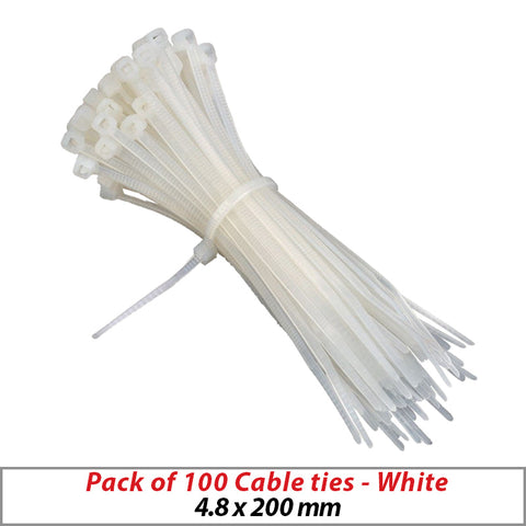 100x Self-Locking Cable Ties White 4.8mm x 200mm for CCTV