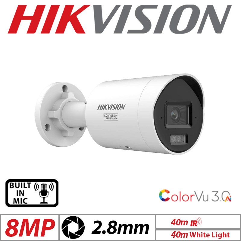 8MP Hikvision ColorVu 3.0 Fixed Bullet IP Camera 2.8mm White