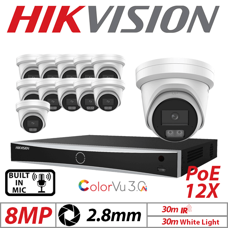 8MP 16CH Hikvision IP Kit – 12x White ColorVu 3.0 Turret