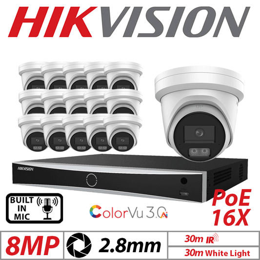 8MP 16CH Hikvision IP Kit – 16x White ColorVu 3.0 Turret