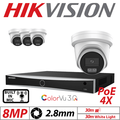 8MP 4CH Hikvision IP Kit 4x ColorVu 3.0 Audio Turret Cam