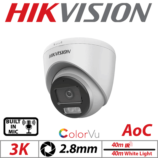 3K ColorVu Fixed Turret AOC Cam – Hikvision, Mic 2.8mm White