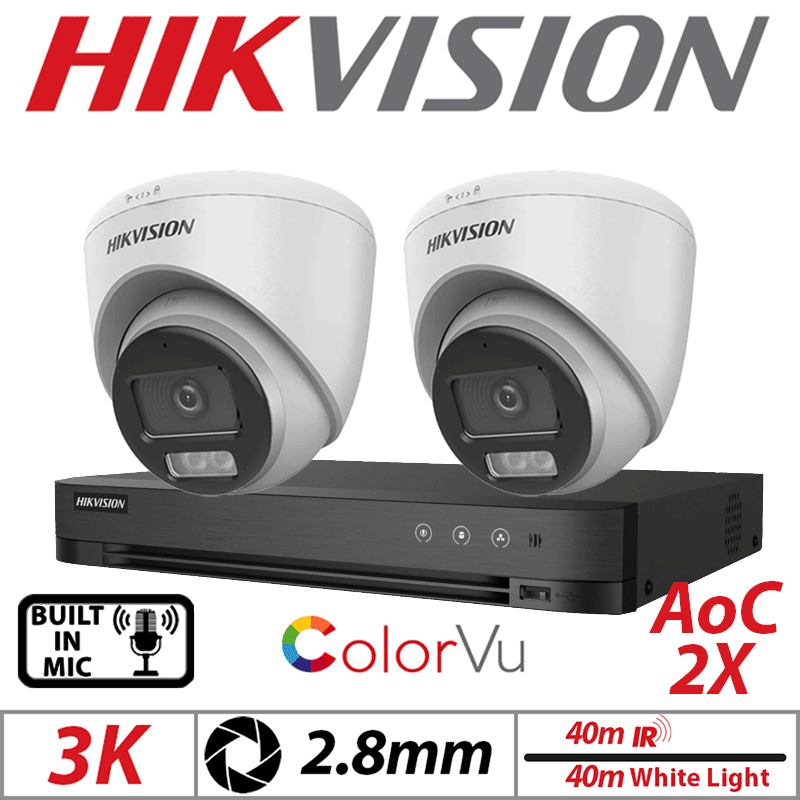 Hikvision 3K 4CH Kit 2x ColorVu AOC Turret Cameras Mic 2.8mm