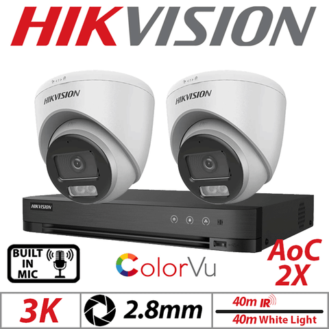Hikvision 3K 4CH Kit 2x ColorVu AOC Turret Cameras Mic 2.8mm