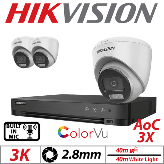 Hikvision 3K 4CH Kit 3x ColorVu AOC Turret Cameras Mic 2.8mm