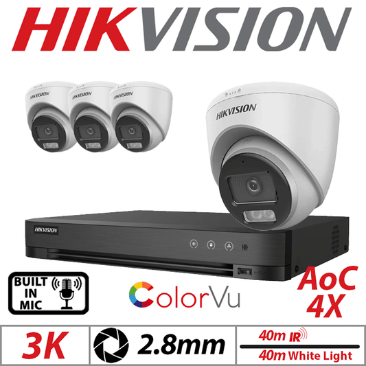 Hikvision 3K 4CH Kit 4x ColorVu AOC Turret Cameras Mic 2.8mm
