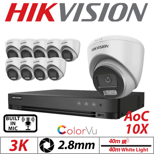 3K 16CH Hikvision 10x ColorVu AOC Turret Mic 2.8mm White