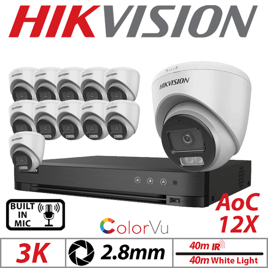 3K 16CH Hikvision 12x ColorVu AOC Turret Mic 2.8mm White