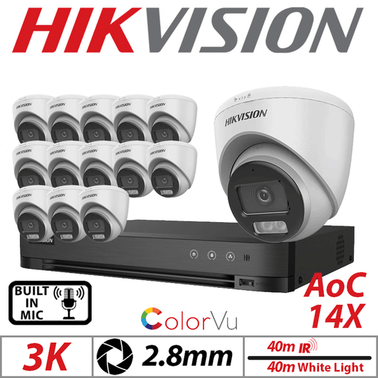 3K 16CH Hikvision 14x ColorVu AOC Turret Mic 2.8mm White
