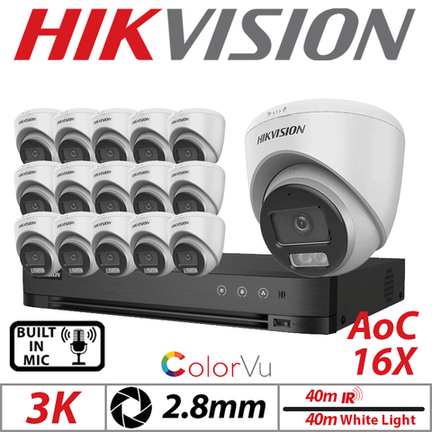 3K 16CH Hikvision 16x ColorVu AOC Turret Mic 2.8mm White