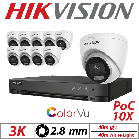 3K 16CH Hikvision 10x Dual-Light POC Turret 2.8mm White