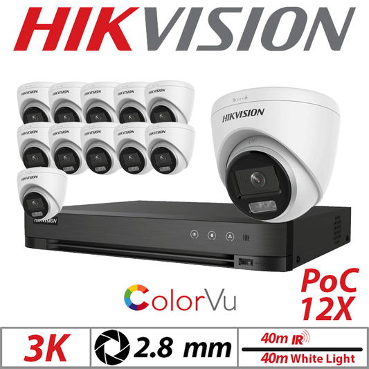 3K 16CH HIKVISION - 12X DUAL-LIGHT POC FIXED TURRET CAMERA 2.8MM WHITE DS-2CE72KF3T-LE