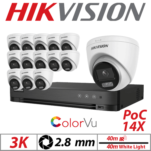 3K 16CH Hikvision 14x Dual-Light POC Turret 2.8mm White
