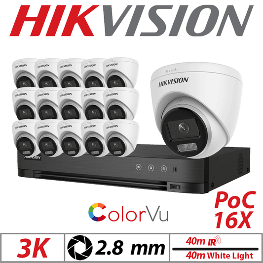 3K 16CH Hikvision 16x ColorVu AOC Turret Mic 2.8mm White