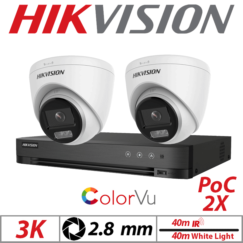 Hikvision 3K 4CH Kit 2x Dual-Light PoC Turret Cameras 2.8mm