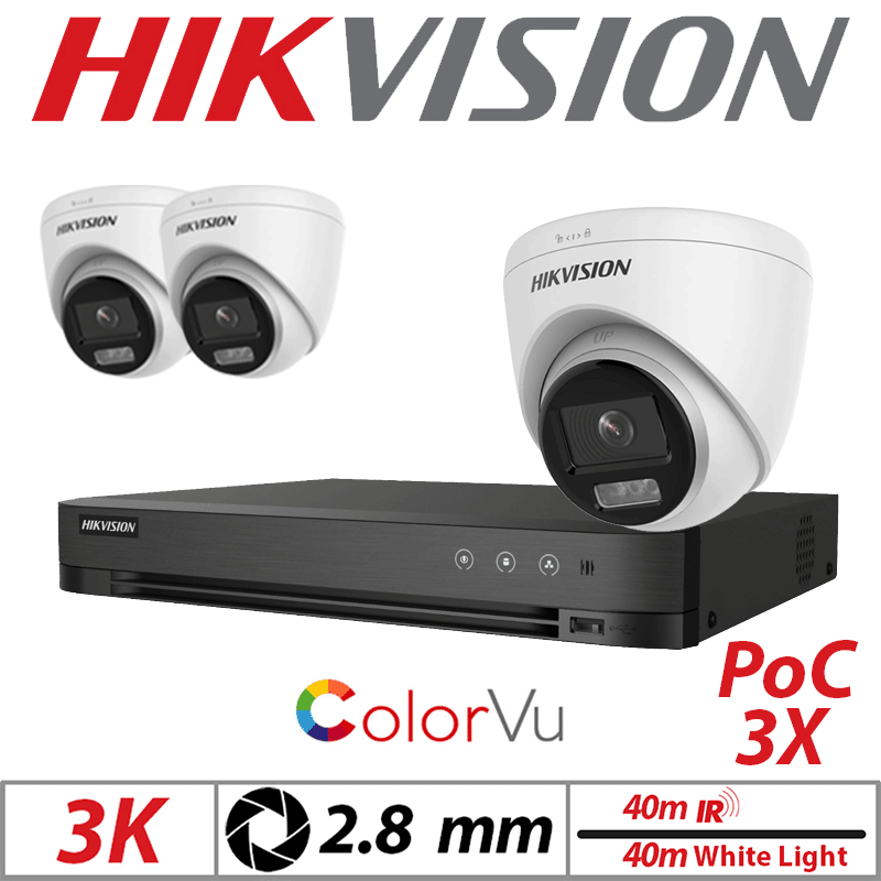 Hikvision 3K 4CH Kit 3x Dual-Light PoC Turret Cameras 2.8mm