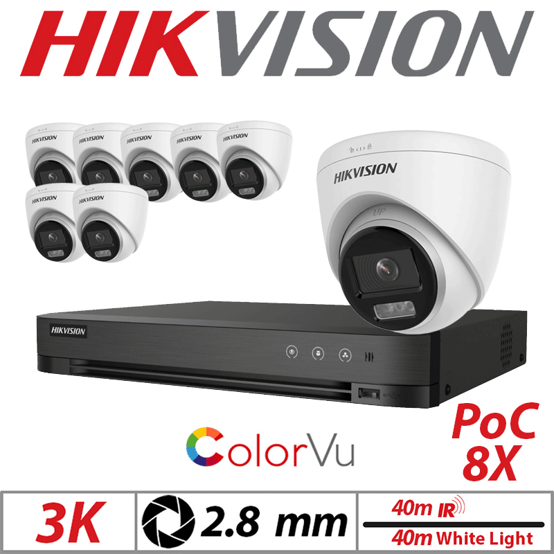 Hikvision 3K 8CH 8X Dual-Light PoC Turret Camera 2.8mm White