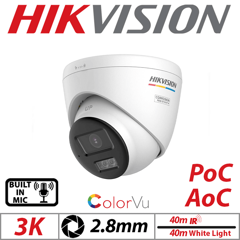 3K ColorVu Fixed Turret Cam – Dual-Light, PoC, Mic, 2.8mm White