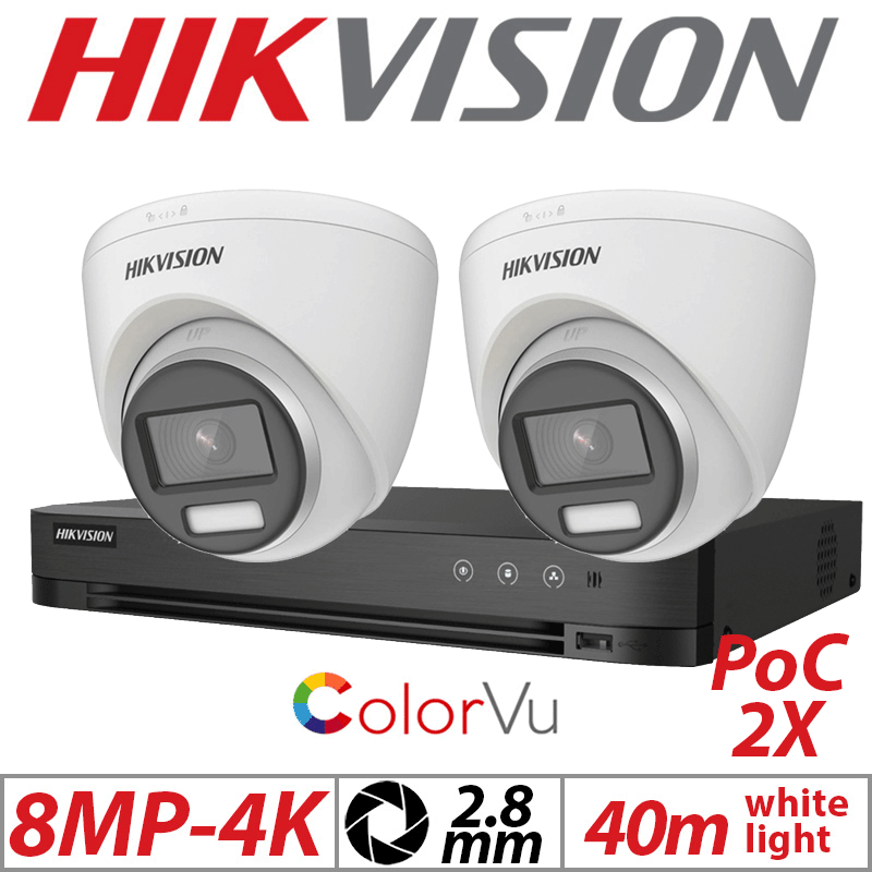 Hikvision 8MP 4CH Kit 2x ColorVu PoC Turret Cameras 2.8mm