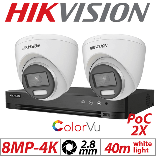 Hikvision 8MP 4CH Kit 2x ColorVu PoC Turret Cameras 2.8mm