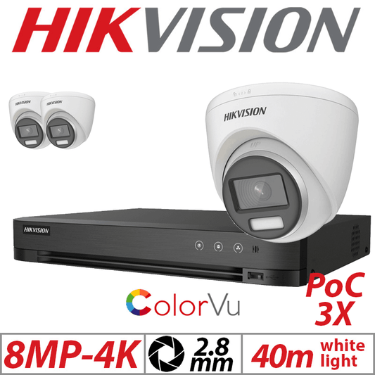 Hikvision 8MP 4CH Kit 3x ColorVu PoC Turret Cameras 2.8mm