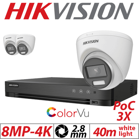 Hikvision 8MP 4CH Kit 3x ColorVu PoC Turret Cameras 2.8mm