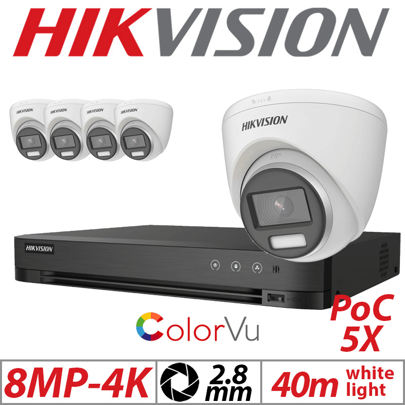 Hikvision 8MP 8CH 5X ColorVu PoC Turret Camera 2.8mm White