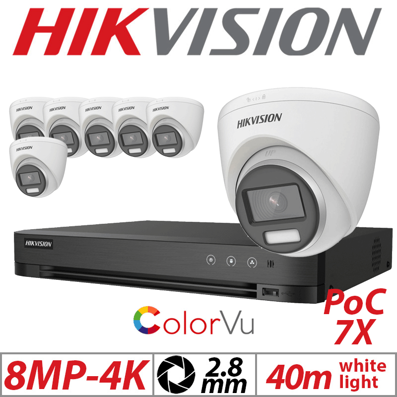 Hikvision 8MP 8CH 7X ColorVu PoC Turret Camera 2.8mm White