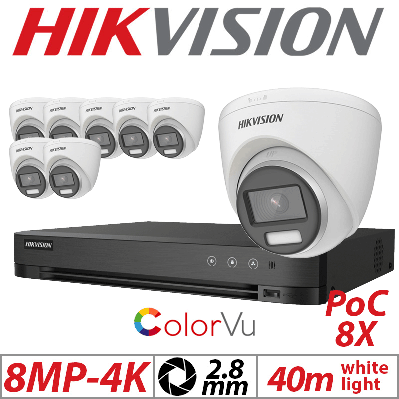 Hikvision 8MP 8CH 8X ColorVu PoC Turret Camera 2.8mm White