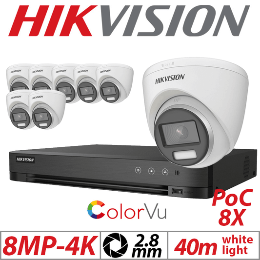 8MP 16CH Hikvision 8x ColorVu POC Turret 2.8mm White