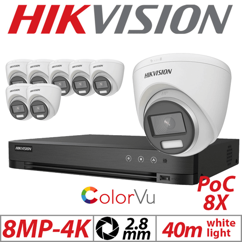 8MP 16CH Hikvision 8x ColorVu POC Turret 2.8mm White
