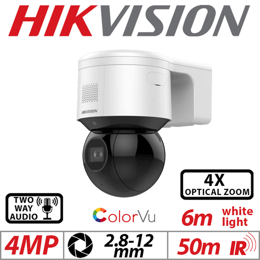 4MP Hikvision ColorVu PTZ Camera 4X Zoom 2-Way Audio 2.8-12mm