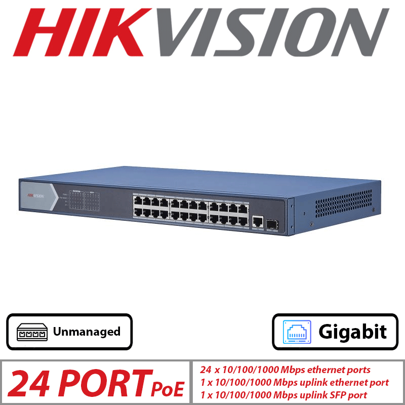 Hikvision 26-Port Gigabit Unmanaged PoE Switch – 24 PoE + 2 Uplink
