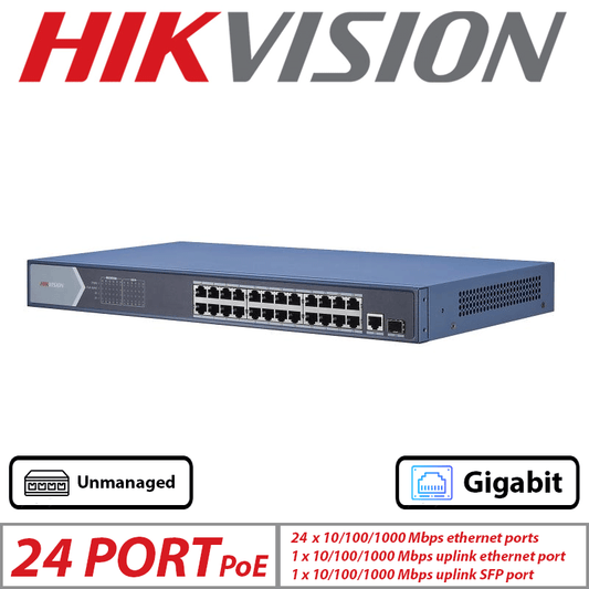 Hikvision 26-Port Gigabit Unmanaged PoE Switch – 24 PoE + 2 Uplink