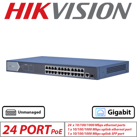 Hikvision 26-Port Gigabit Unmanaged PoE Switch – 24 PoE + 2 Uplink