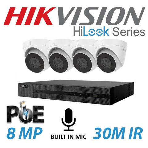 8MP 8CH Hikvision HiLook IP Kit 4x Turret POE Mic Cameras