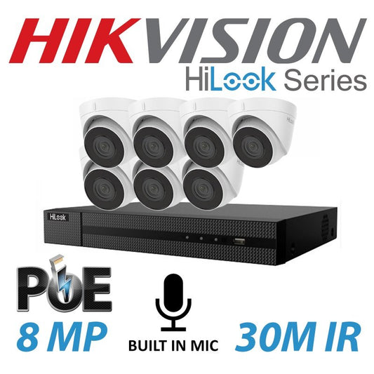 8MP 8CH Hikvision HiLook IP Kit 7x Turret POE Mic Cameras