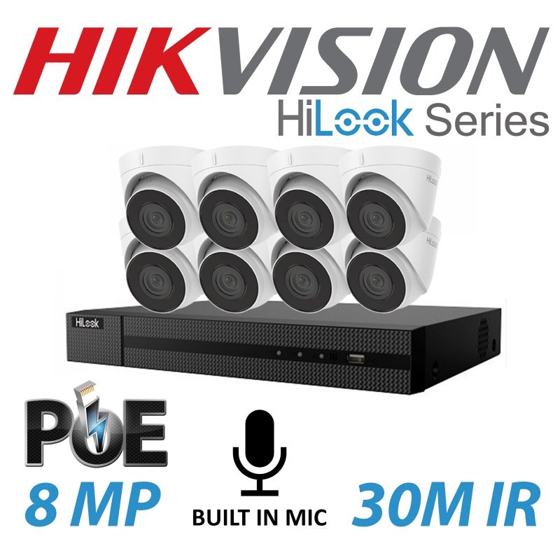 8MP 8CH Hikvision HiLook IP Kit 8x Turret POE Mic Cameras
