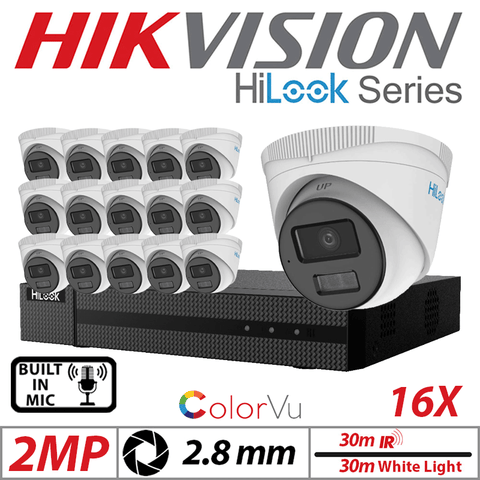 2MP 16CH HiLook 16x Dome IP PoE ColorVu Smart Light 2.8mm