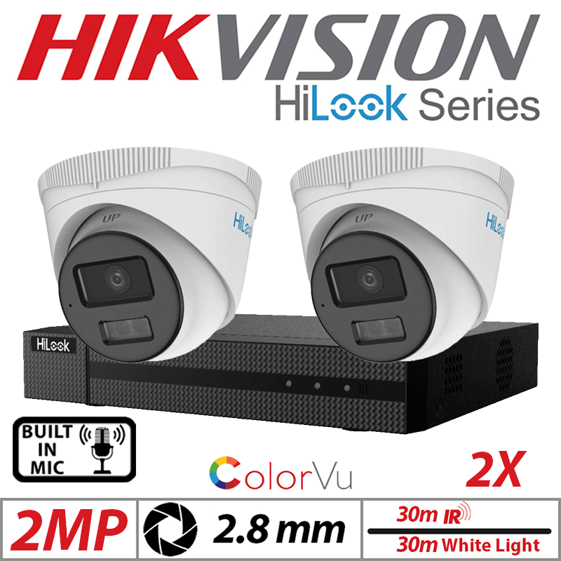 2MP 4CH Hikvision HiLook IP Kit 2x ColorVu Dome POE Cam