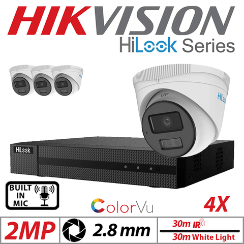 2MP 4CH Hikvision HiLook IP Kit 4x ColorVu Dome POE Cam