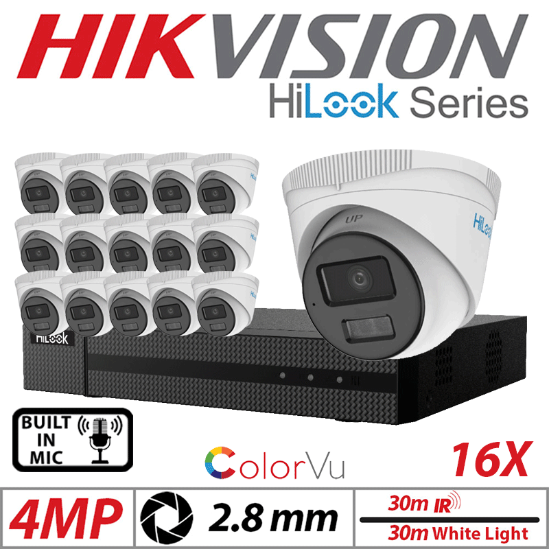 4MP 16CH HiLook 16x Dome IP PoE ColorVu Smart Light 2.8mm