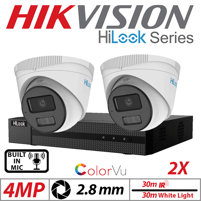 4MP 4CH Hikvision HiLook IP Kit 2x ColorVu Dome POE Cam