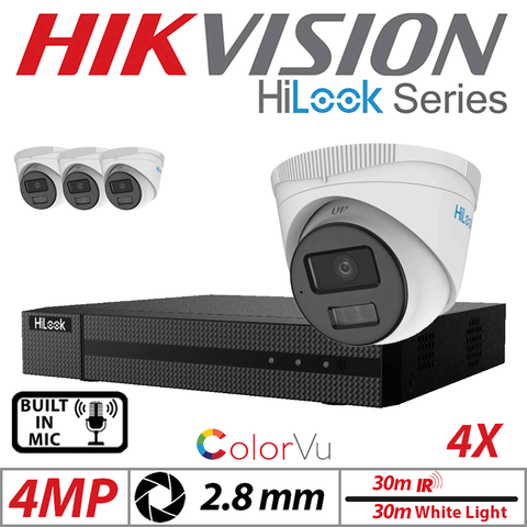 4MP 4CH Hikvision HiLook IP Kit 4x ColorVu Dome POE Cam