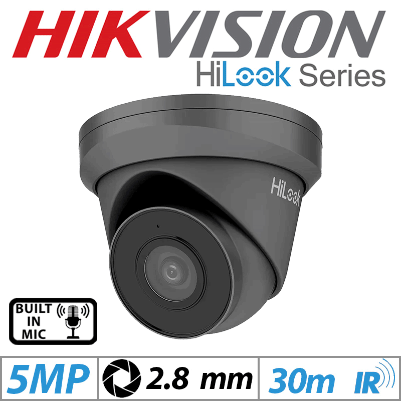 5MP Hikvision HiLook Dome IP PoE Outdoor Camera 2.8mm Grey