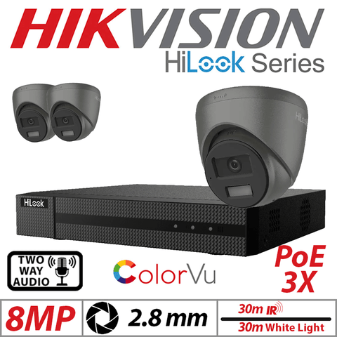 8MP 4CH Hikvision HiLook IP Kit 3x ColorVu Dome POE Cam