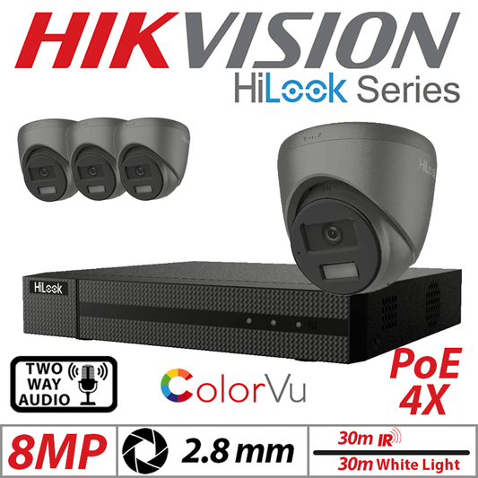 8MP 4CH Hikvision HiLook IP Kit 4x ColorVu Dome POE Cam
