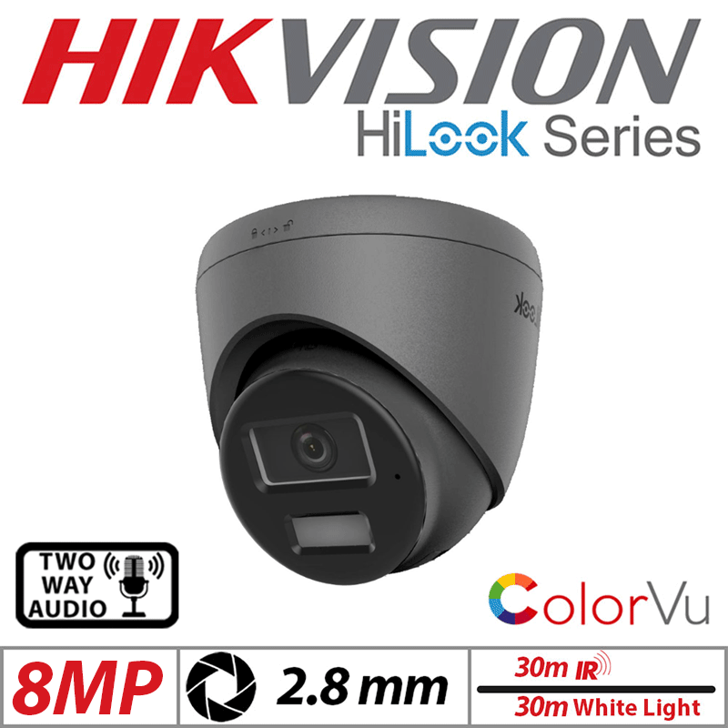 8MP Hikvision HiLook Dome IP PoE Outdoor ColorVu Camera 2.8mm Grey