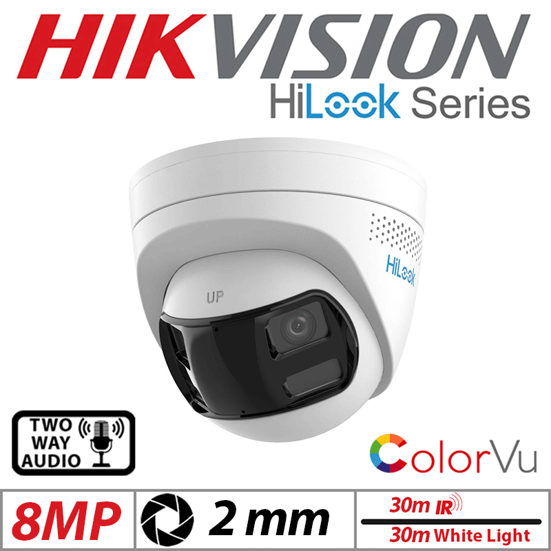 8MP Hikvision HiLook Dual-Lens Dome IP Outdoor ColorVu Camera 2mm White